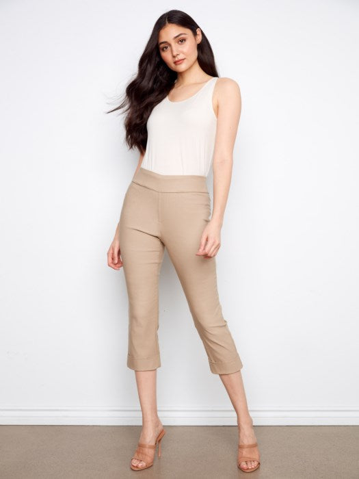 Solid Pull On Stretch Cropped Cuffed Pant