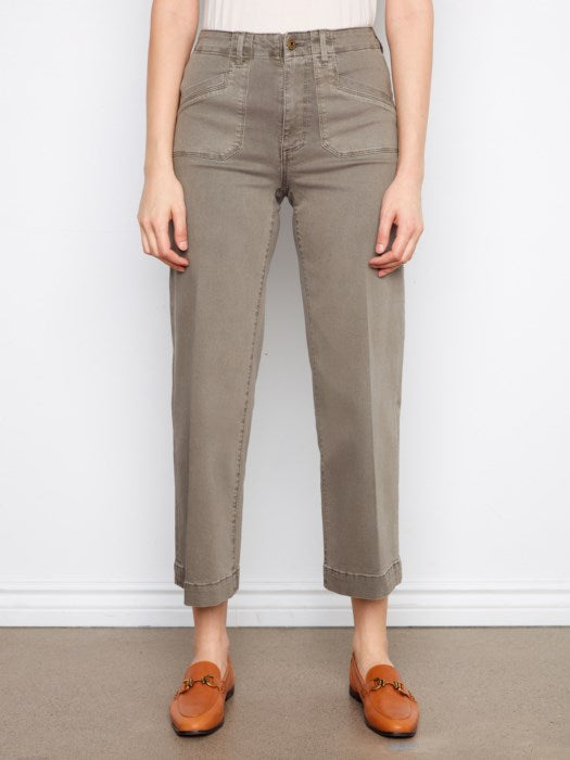 Cropped Wide Leg Colored Twill Pants With Patch Pockets
