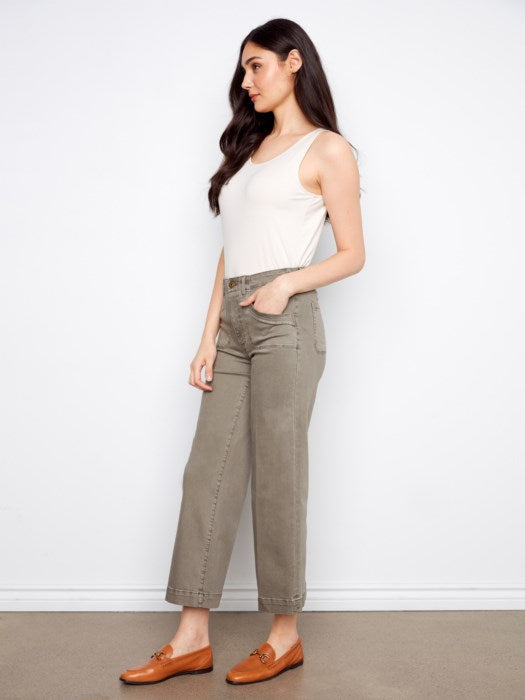 Cropped Wide Leg Colored Twill Pants With Patch Pockets