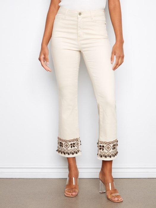 Flare Leg Cropped Flex Twill Pants With Embroidery Hem