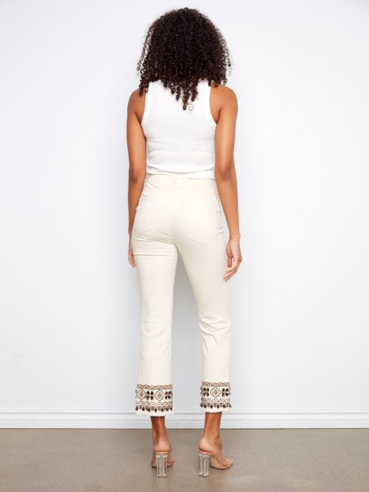 Flare Leg Cropped Flex Twill Pants With Embroidery Hem