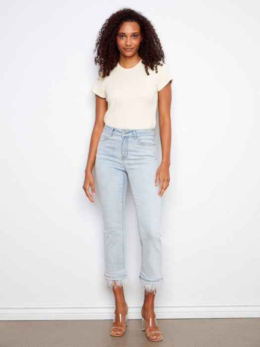 Stretch Denim Flare Pant With Removable Feather Trim At Hem
