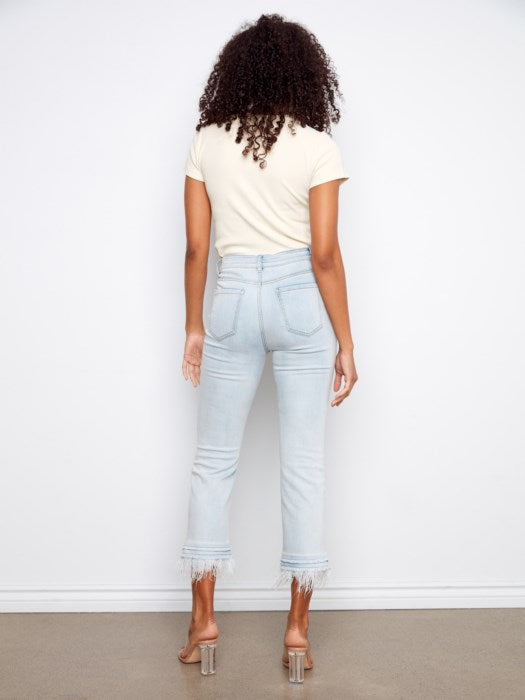 Stretch Denim Flare Pant With Removable Feather Trim At Hem