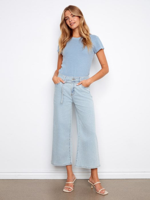 Cropped Belted Stretch Denim Wide Leg Pants