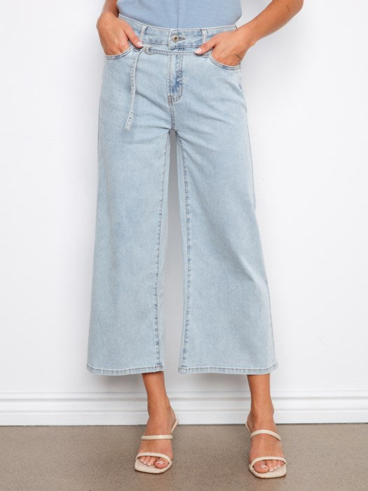 Cropped Belted Stretch Denim Wide Leg Pants