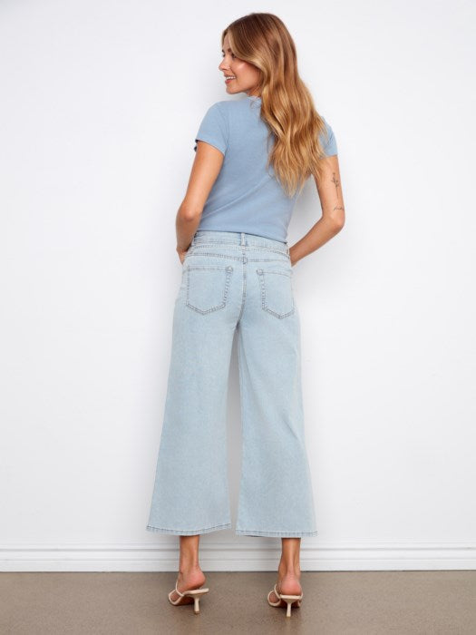 Cropped Belted Stretch Denim Wide Leg Pants