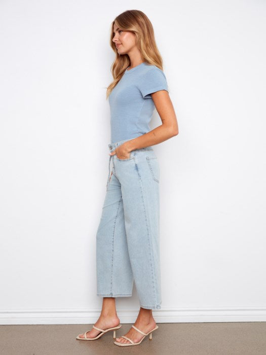 Cropped Belted Stretch Denim Wide Leg Pants