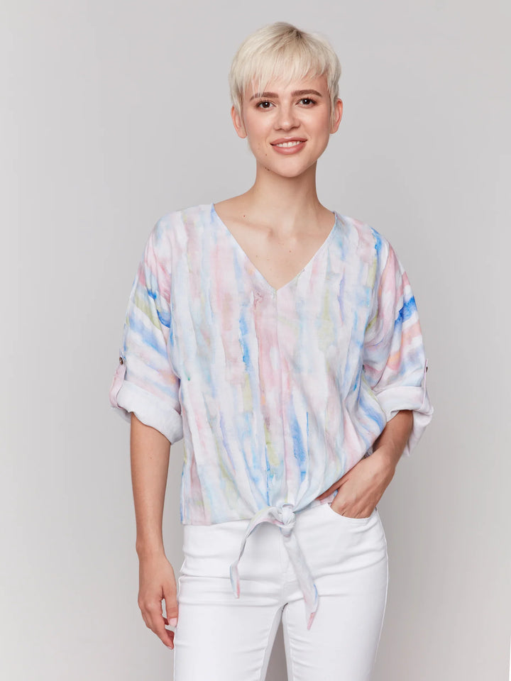 Print Linen Roll Sleeve V-Neck Top