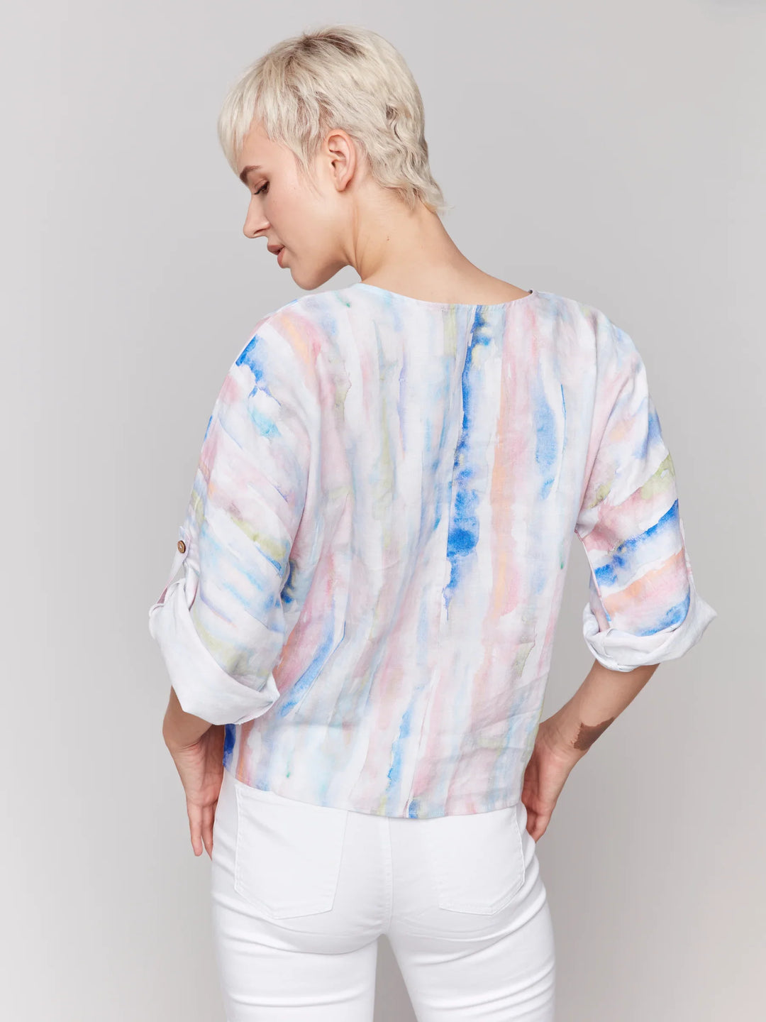 Print Linen Roll Sleeve V-Neck Top