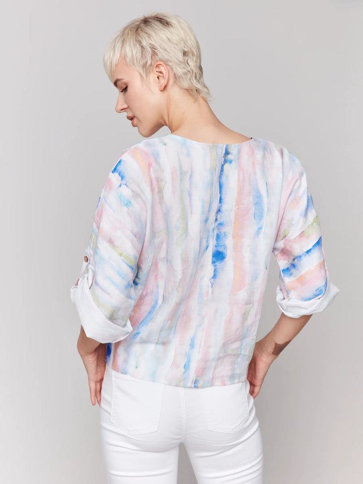 Print Linen Roll Sleeve V-Neck Top