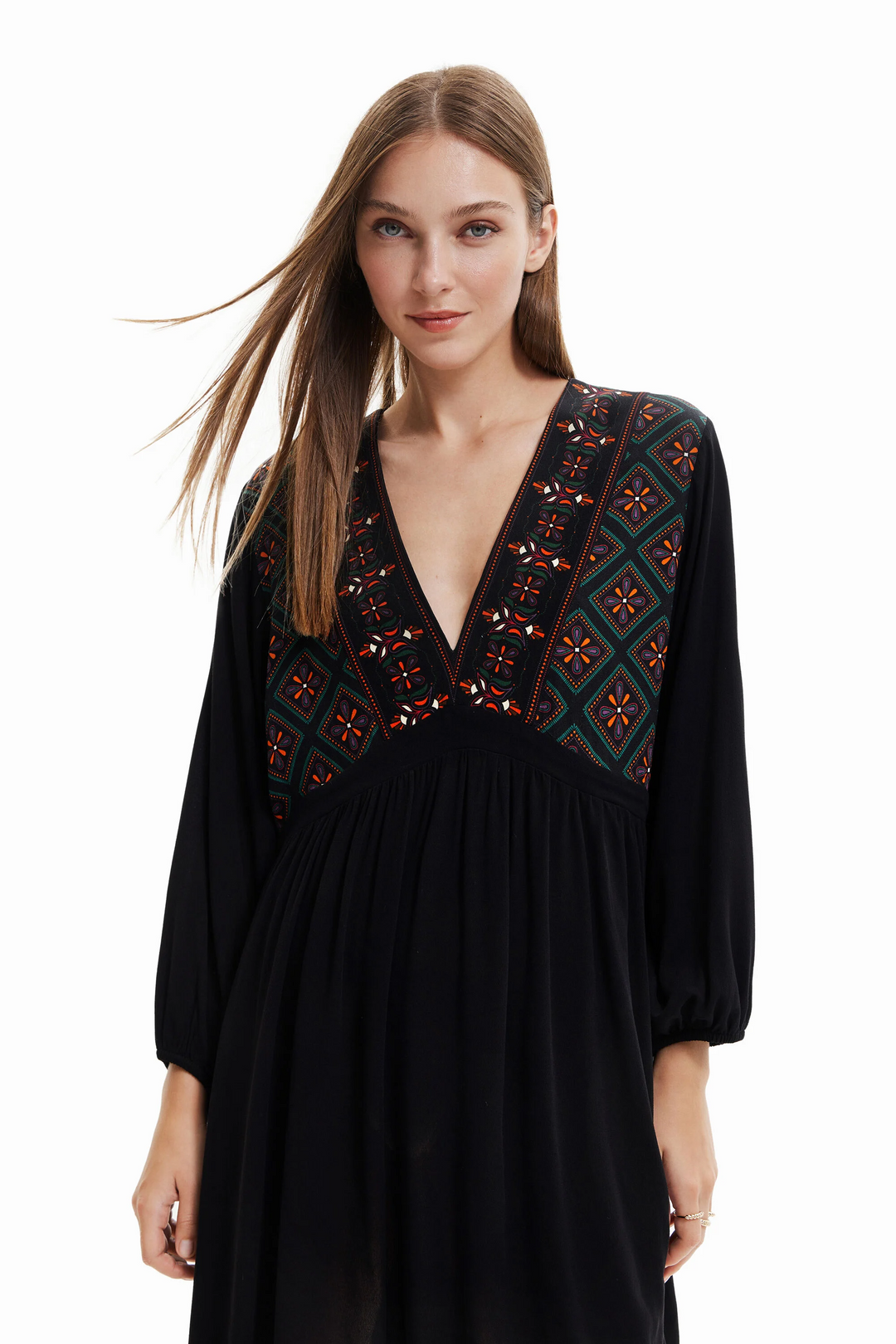 V-Neck Screen Print Peasant Dress