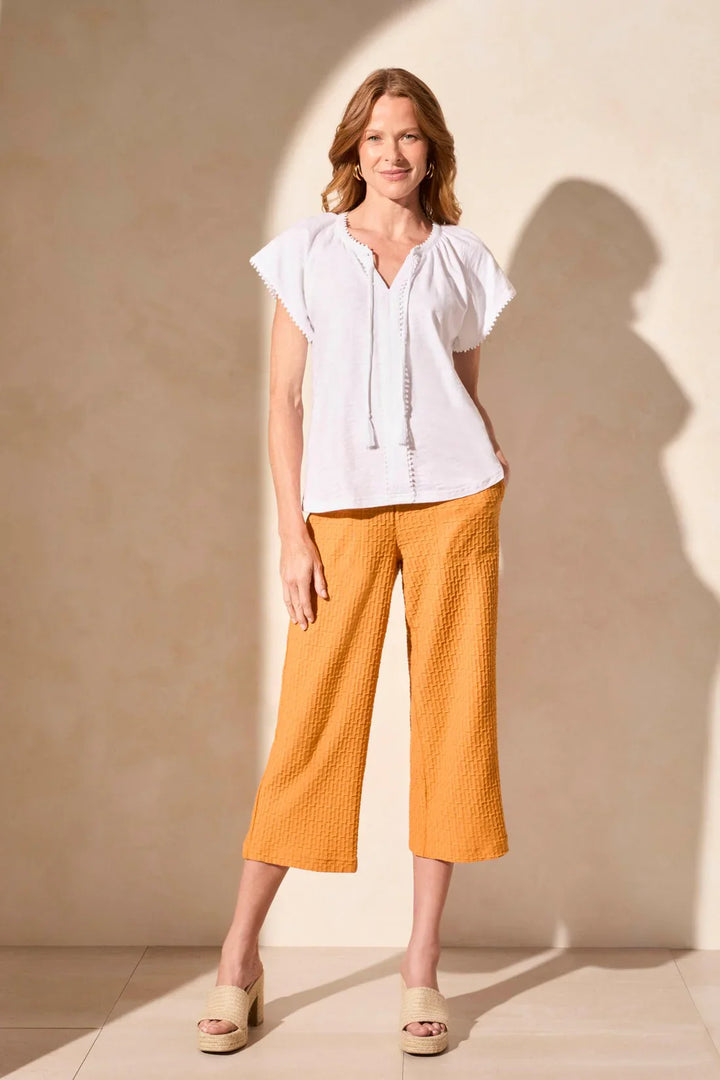 Short Sleeve Split Neck Top With Tassel