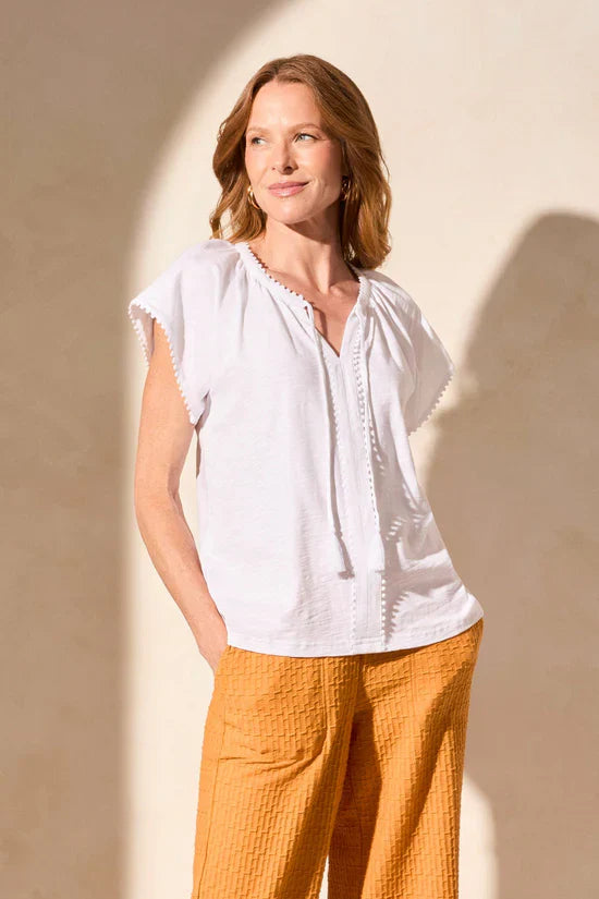 Short Sleeve Split Neck Top With Tassel