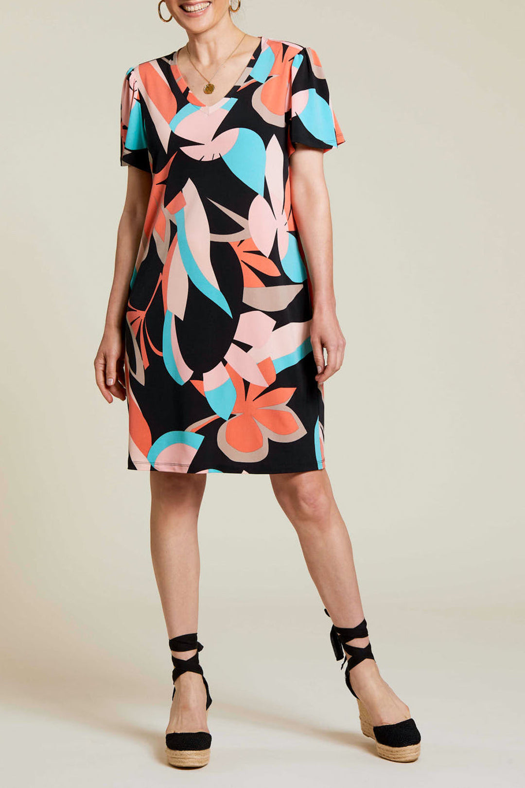 Funky Floral Flutter Sleeve V-Neck Dress