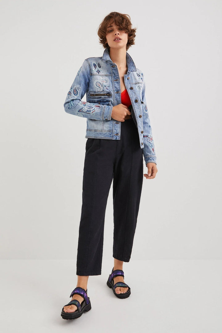 Embroidered Paisley Zip Jean Jacket