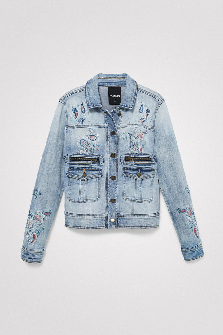 Embroidered Paisley Zip Jean Jacket