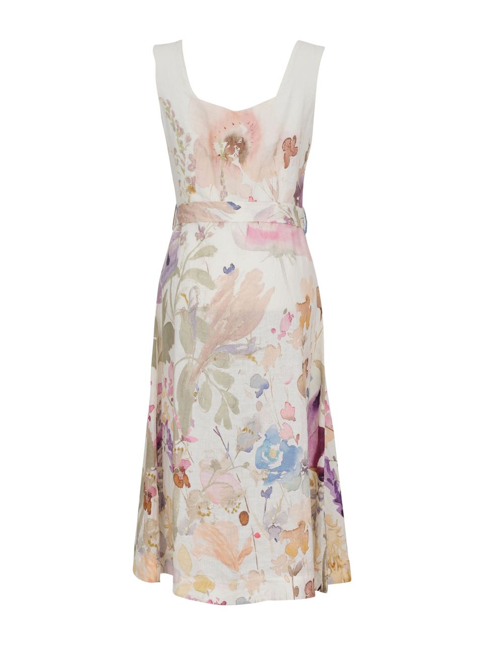 Floral Sleeveless Tie Belt Linen Dress