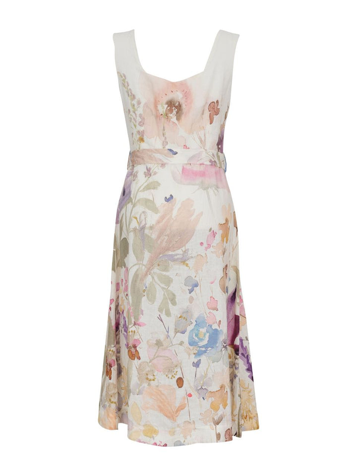 Floral Sleeveless Tie Belt Linen Dress