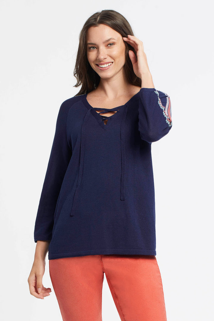 3/4 Sleeve Lace Up Sweater