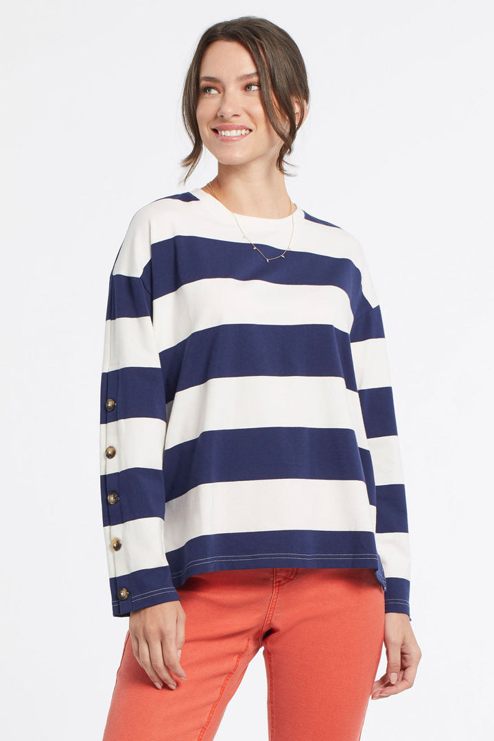 Striped Crew Neck Top with Sleeve Bottons