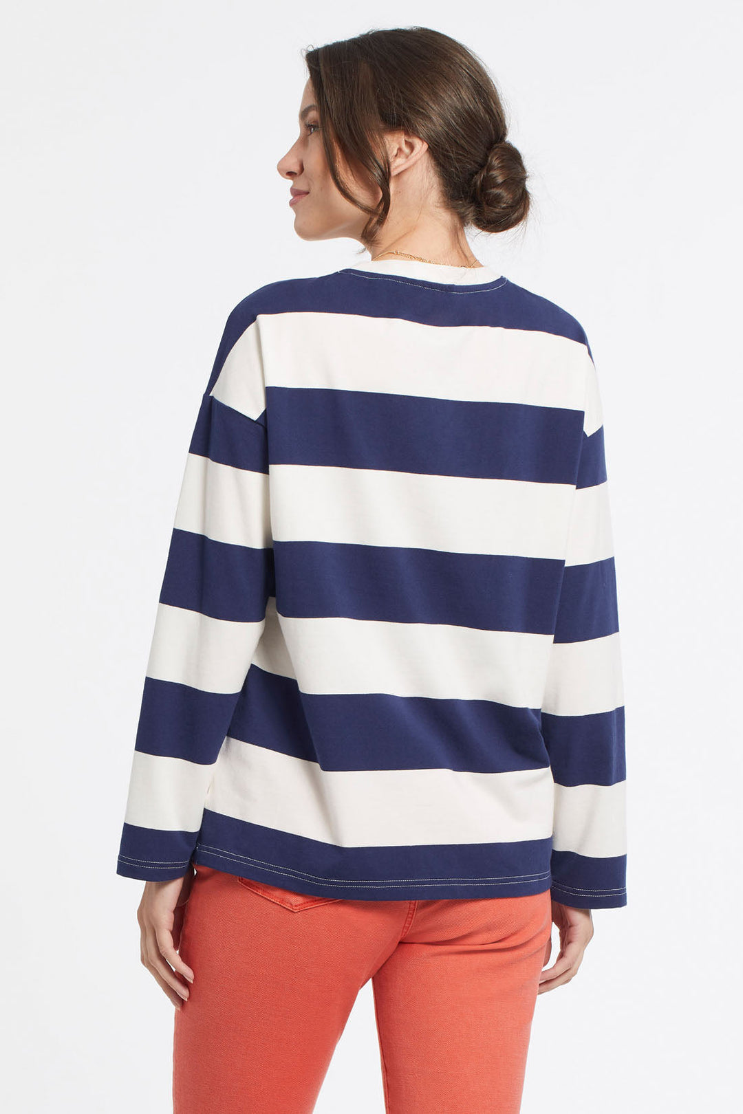 Striped Crew Neck Top with Sleeve Bottons
