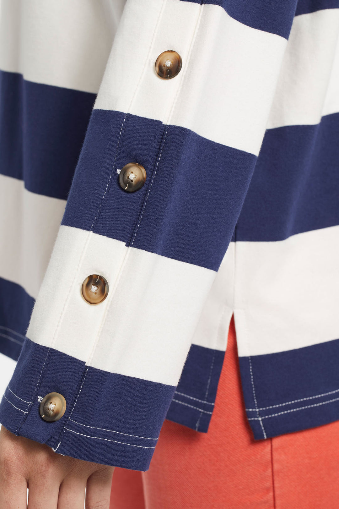 Striped Crew Neck Top with Sleeve Bottons