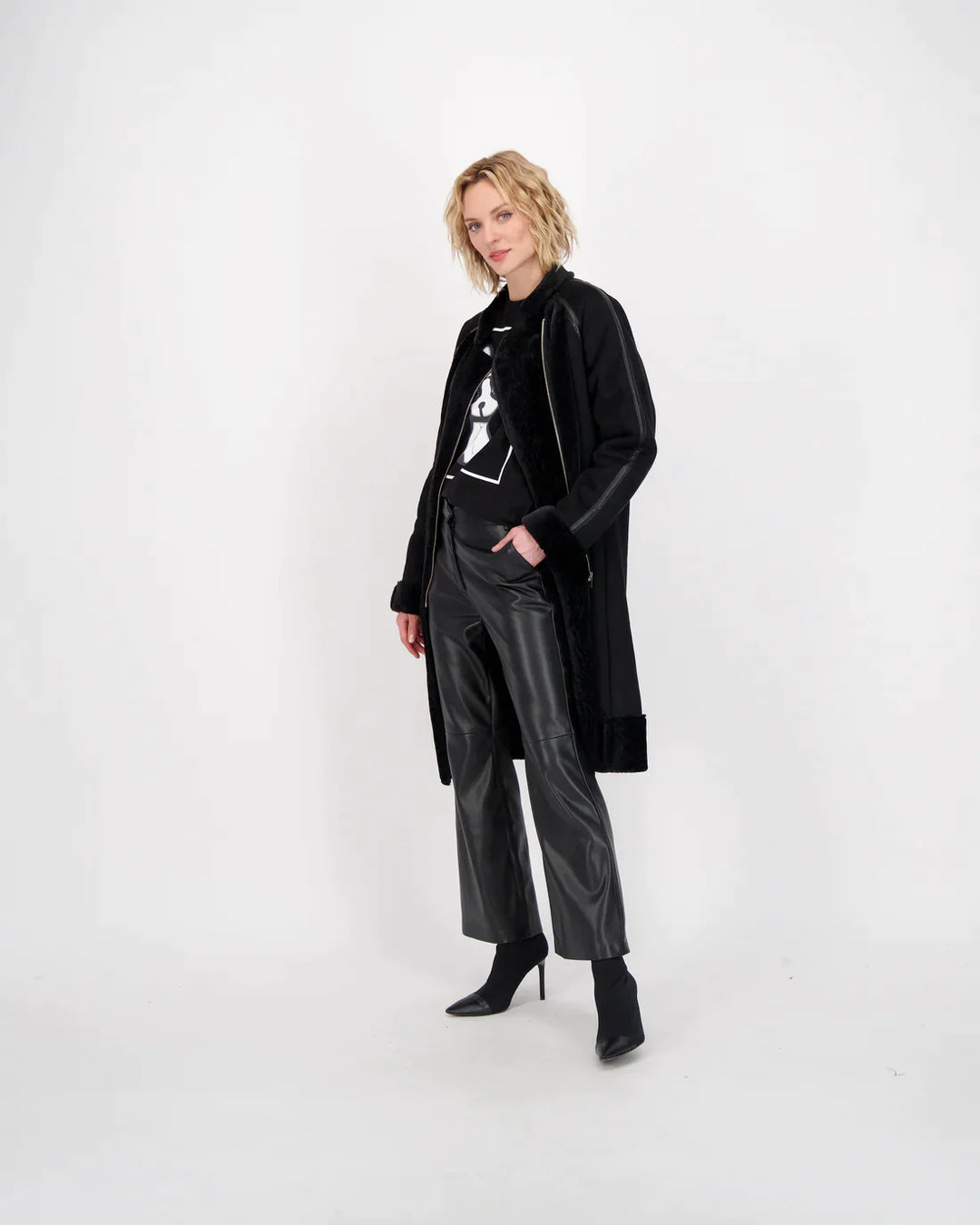 Fur Front Zip-Up Long Coat