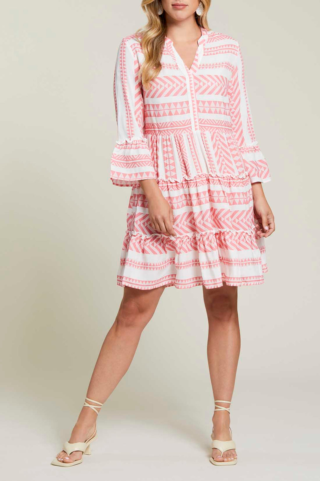 3/4 Sleeve Print Crepe Tiered Dress
