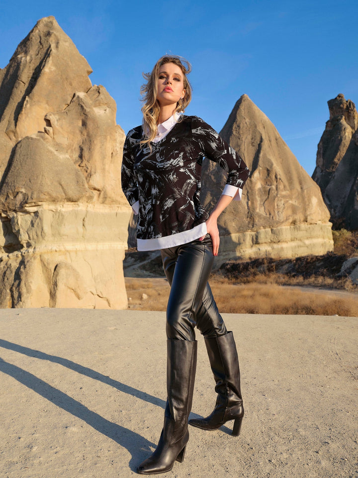 Brush Strokes Top With Blouse Inset