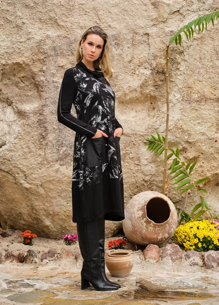 Brush Stroke Dress With Cowl & Pocket