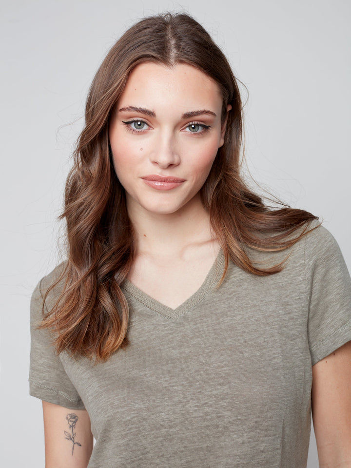 Linen Jersey V-Neck T Shirt