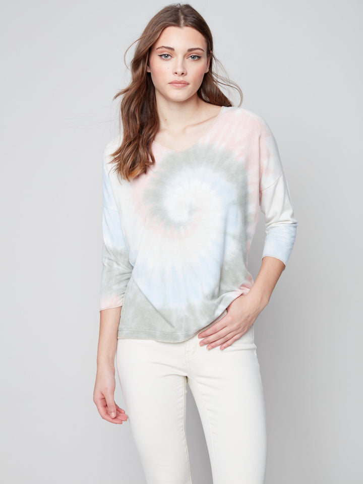 Long Sleeve V-Neck Tie Dye Top