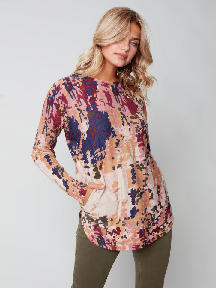 Camo Plush Pocket Knit Top