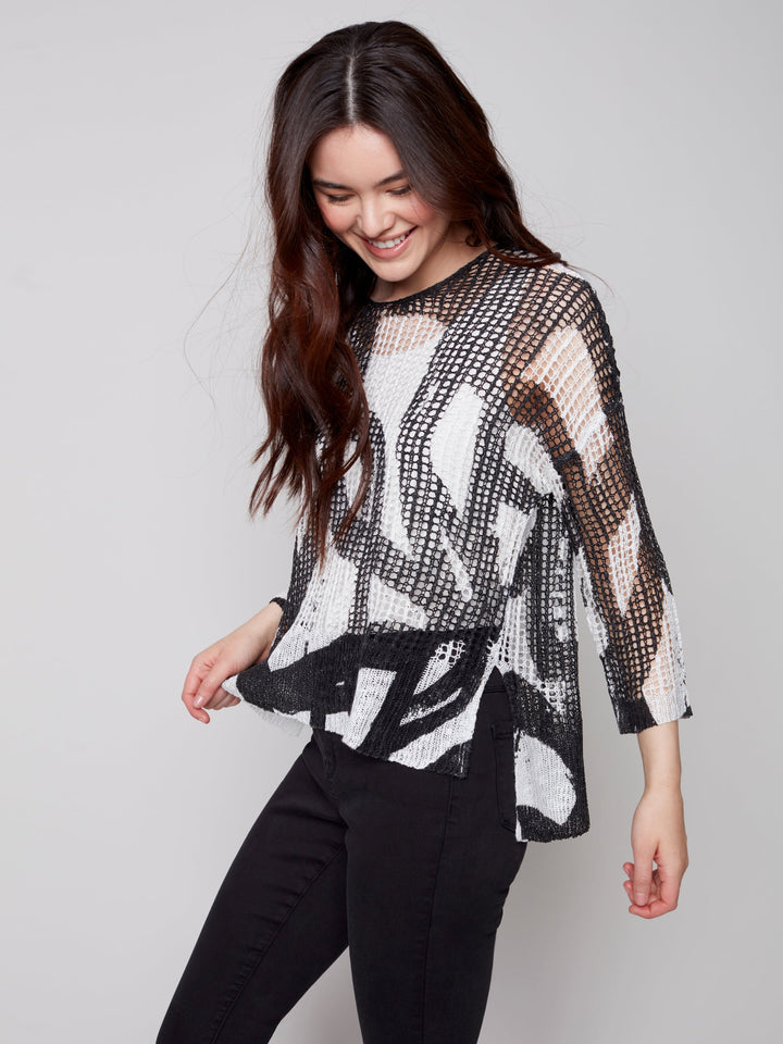 Print Long Sleeve Sweater With Hem Detail
