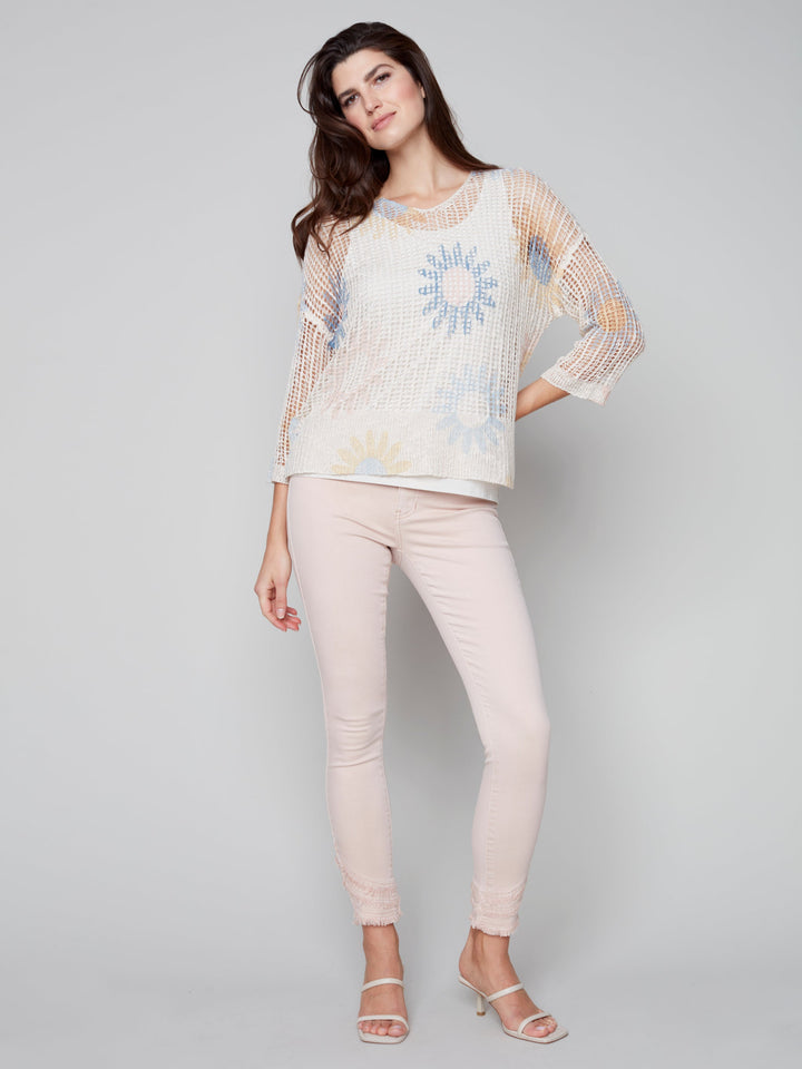 Print Long Sleeve Sweater With Hem Detail