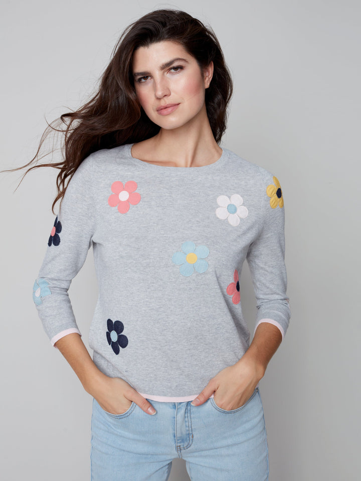 Long Sleeve Top With Flower Applique