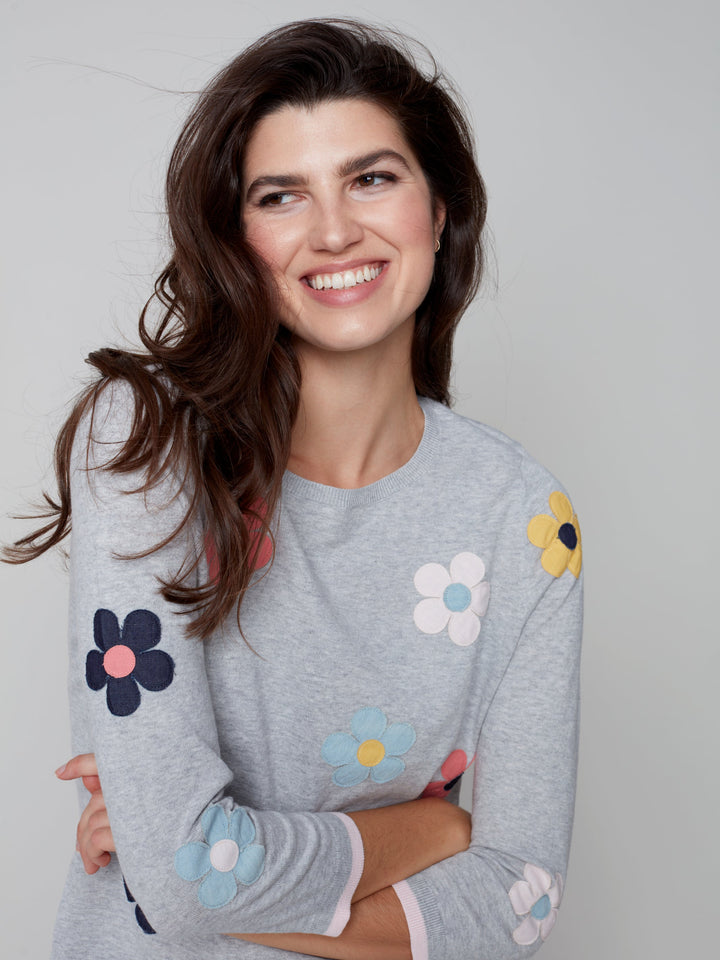 Long Sleeve Top With Flower Applique