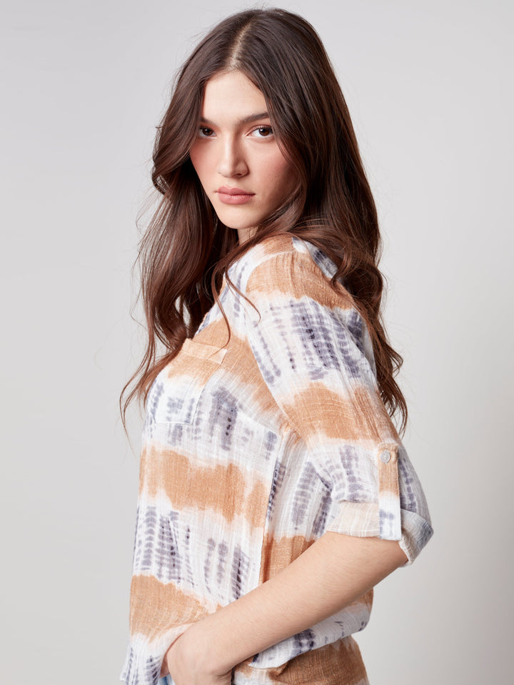 Cotton Gauze Roll Sleeve V-Neck Top