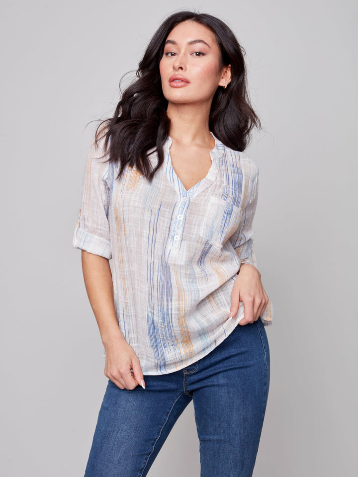 Cotton Gauze Roll Sleeve V-Neck Top