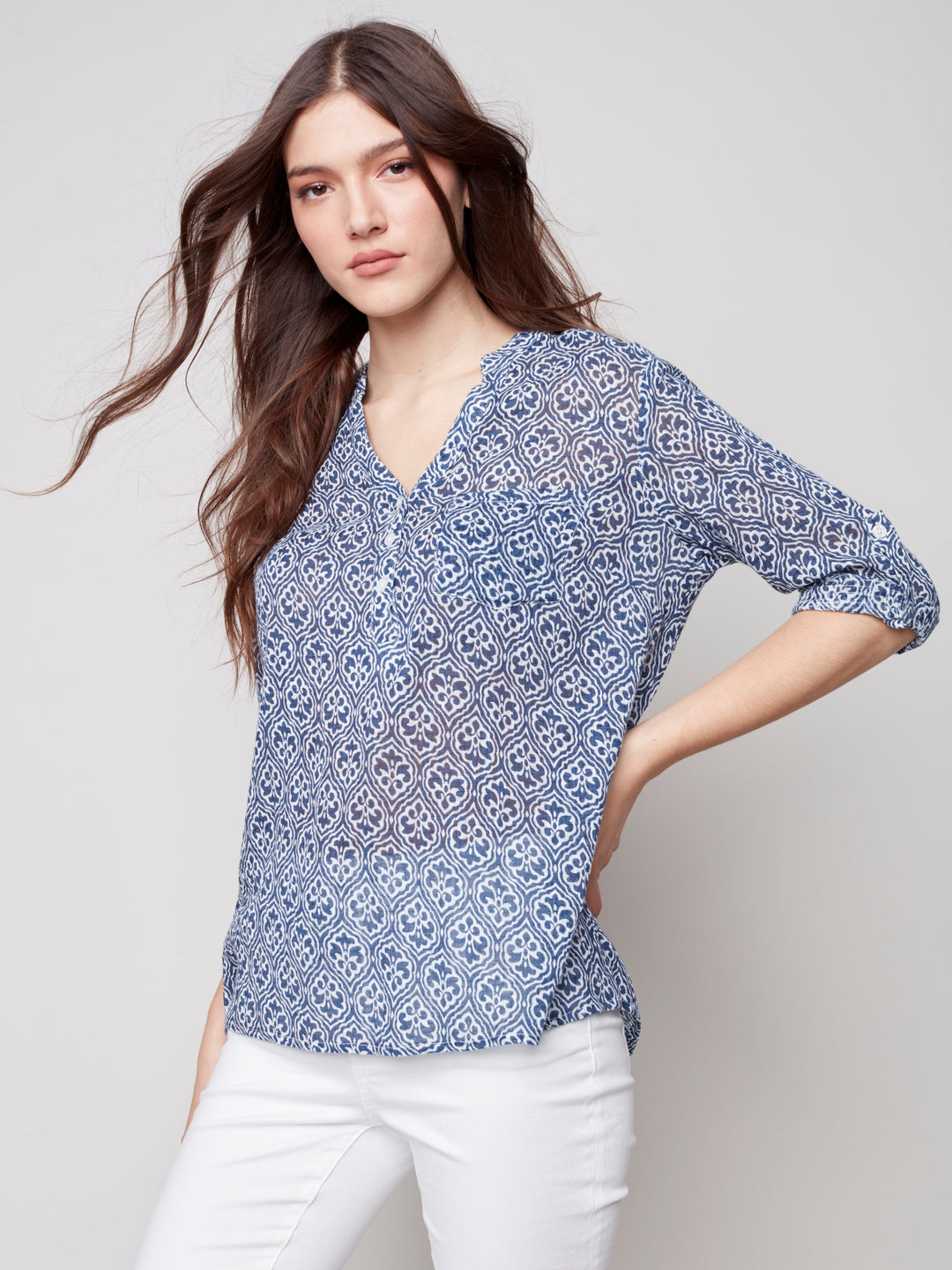 Cotton Gauze Roll Sleeve Print Top