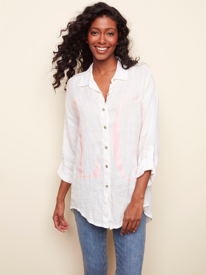 Botton "Love" Blouse With Roll Up Sleeve