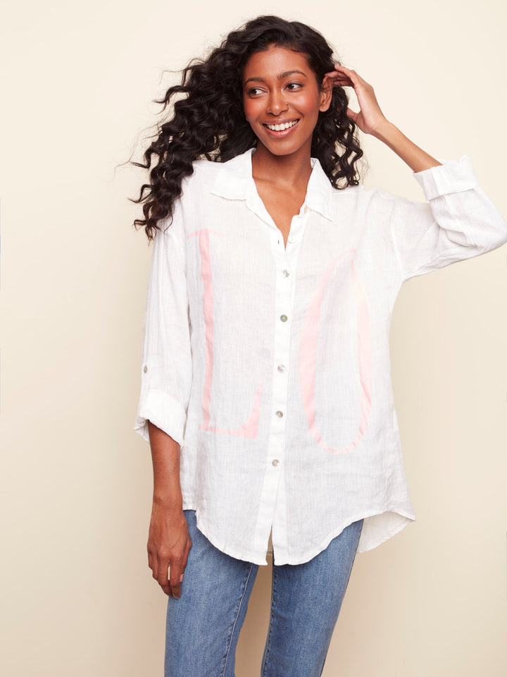 Botton "Love" Blouse With Roll Up Sleeve