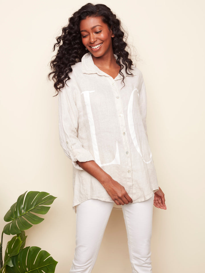 Botton "Love" Blouse With Roll Up Sleeve