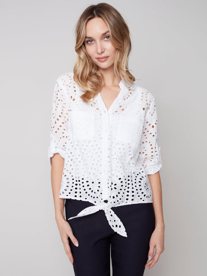 Roll Sleeve Eyelet Top With Front Tie