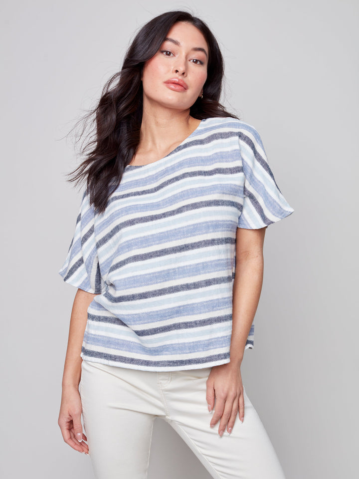 Short Sleeve Linen Blend Striped Top