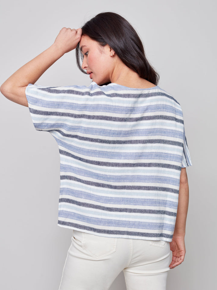 Short Sleeve Linen Blend Striped Top