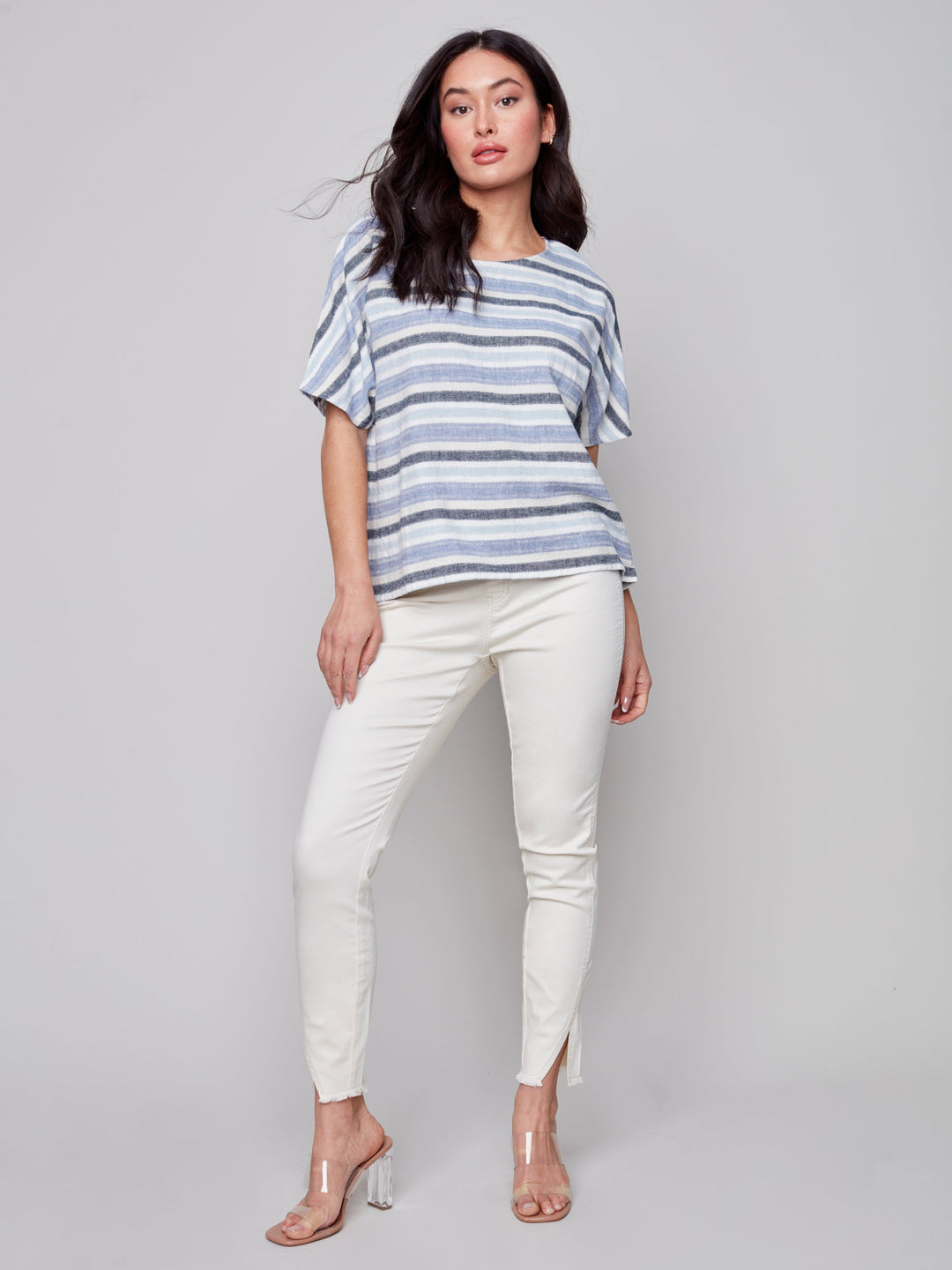 Short Sleeve Linen Blend Striped Top
