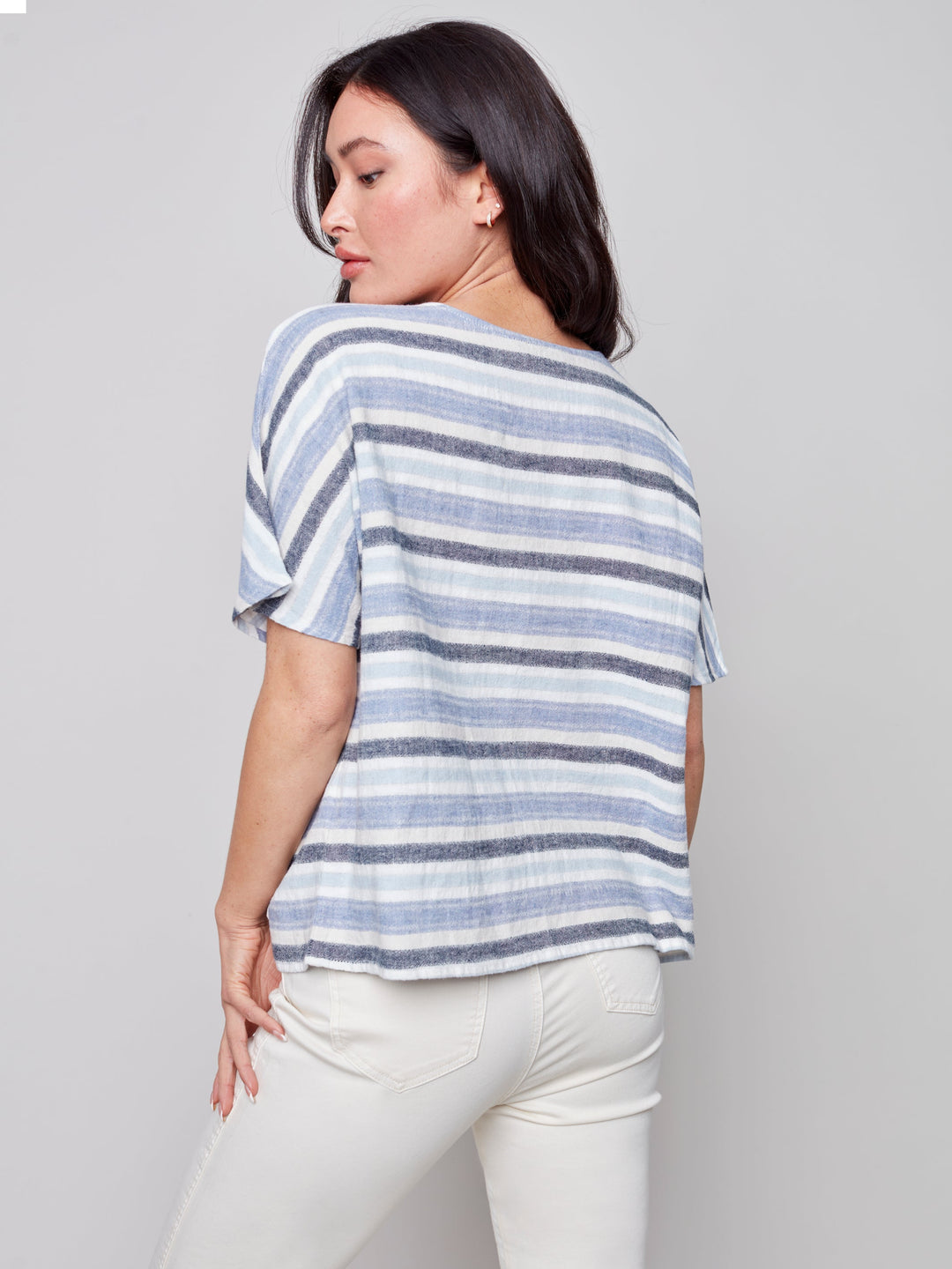 Short Sleeve Linen Blend Striped Top
