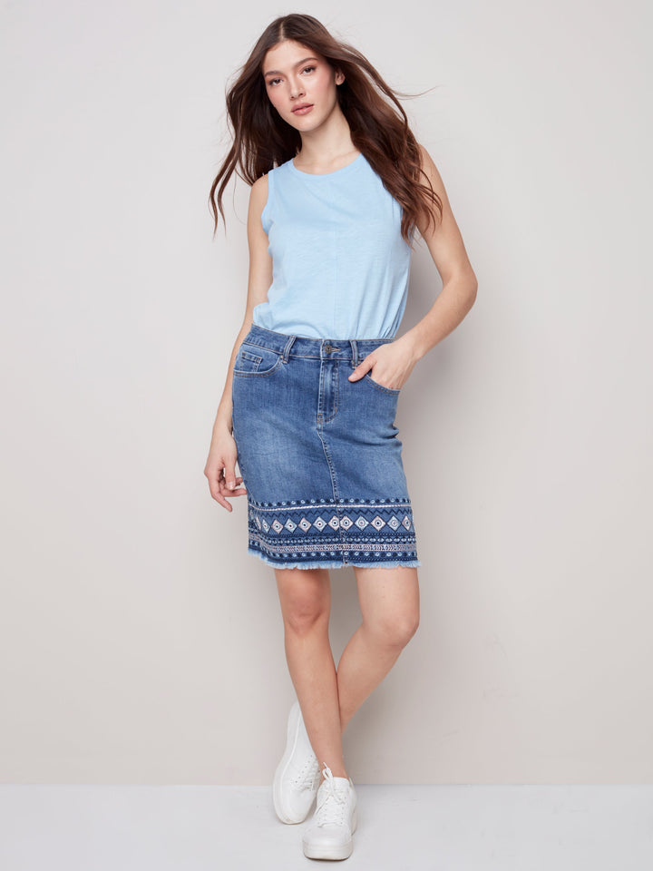 Stretch Denim Skirt With Hem Detail