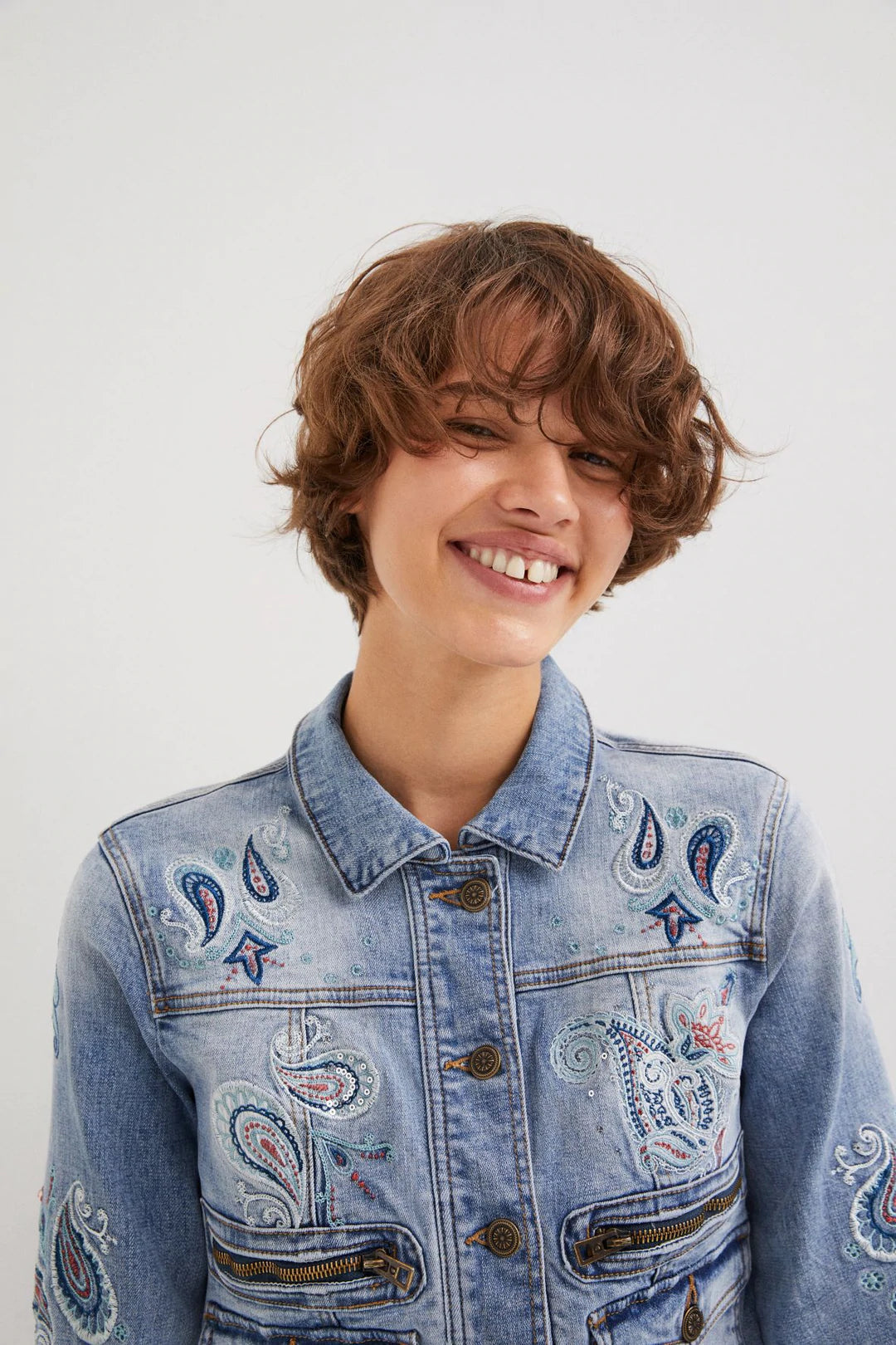 Embroidered Paisley Zip Jean Jacket